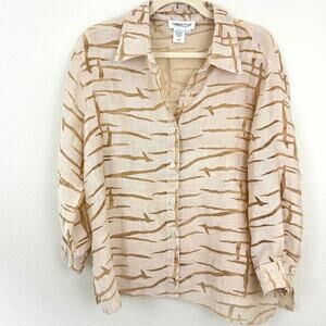 Coldwater Creek Womens Linen Blend Button Front Semi Sheer Top Tan Size L